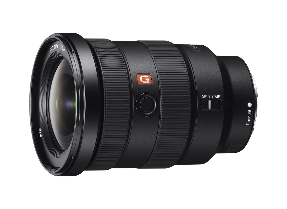 Sony SEL1635GM front view highlights sturdy build for outdoor landscapes.