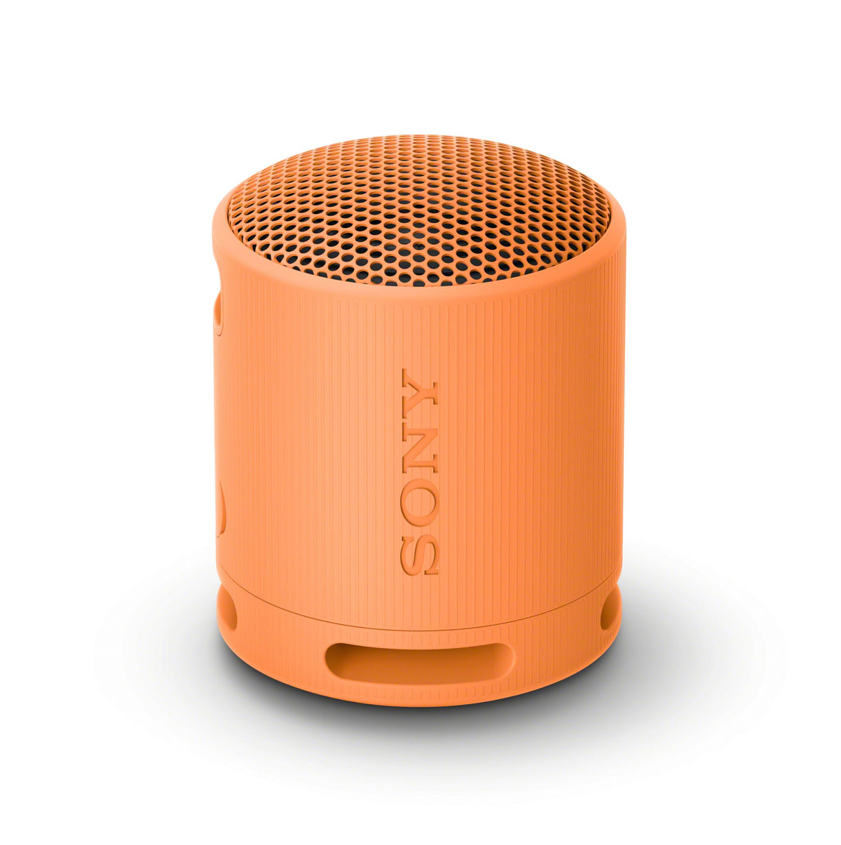 Sony SRS-XB100 front view showing compact orange speaker and branding, great portability