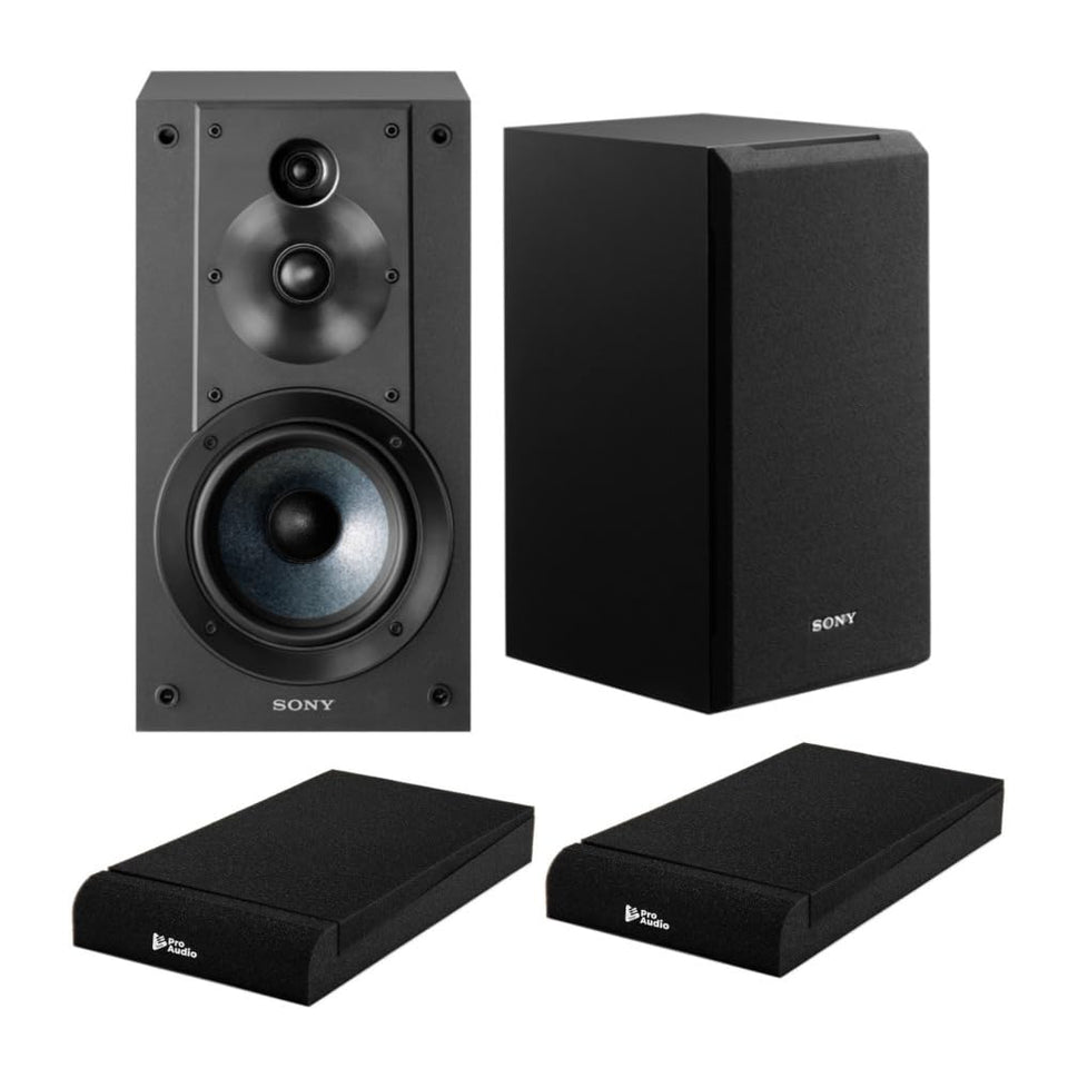 Sony SSCS5 bookshelf speakers front view showing 3-way 3-driver design for balanced sound