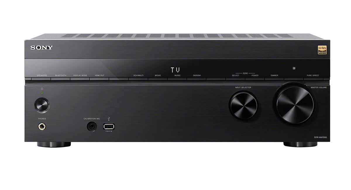 Sony STR-AN1000 front view shows HDMI ports and controls for 8K/4K streaming.