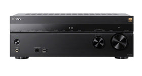 Sony STR-AN1000 front view shows HDMI ports and controls for 8K/4K streaming.