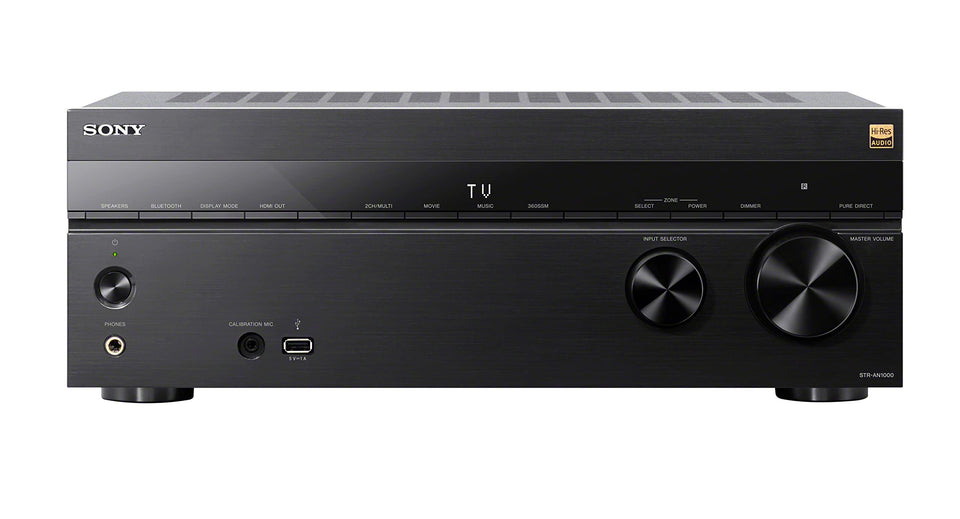 Sony STR-AN1000 front view shows HDMI ports and controls for 8K/4K streaming.