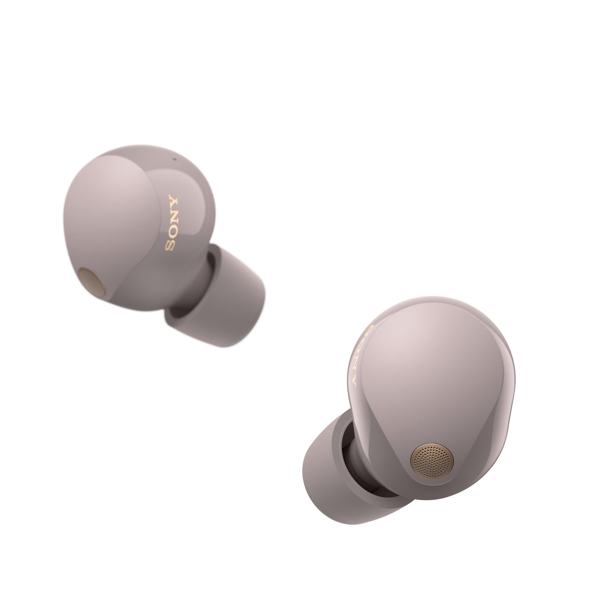 Sony WF-1000XM5 close-up earbuds with a glossy finish for premium listening.