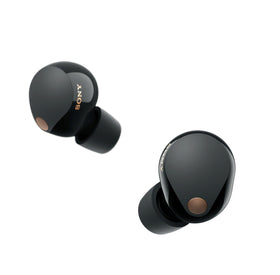 Sony WF-1000XM5 earbuds front view, showcasing premium audio design.
