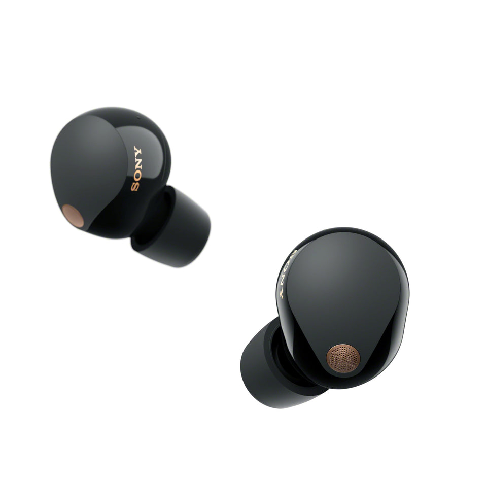 Sony WF-1000XM5 earbuds front view, showcasing premium audio design.