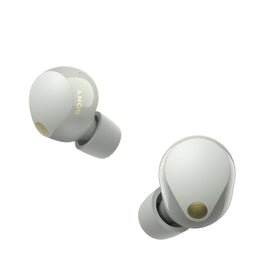 The Sony WF-1000XM5 front view highlights a sleek, comfortable in-ear design for daily listening.