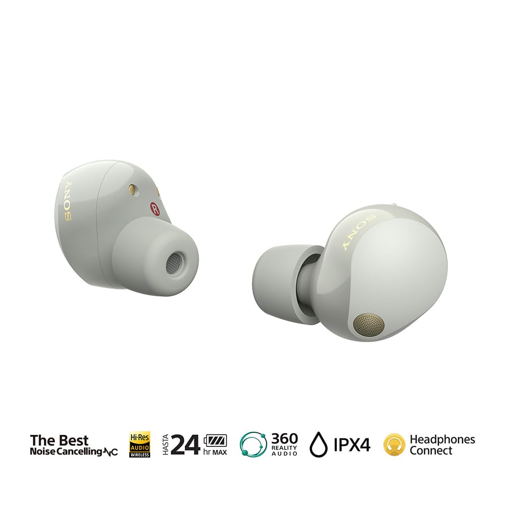 Sony WF-1000XM5 earbuds outside view highlighting sleek design.