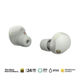 Sony WF-1000XM5 earbuds outside view highlighting sleek design.