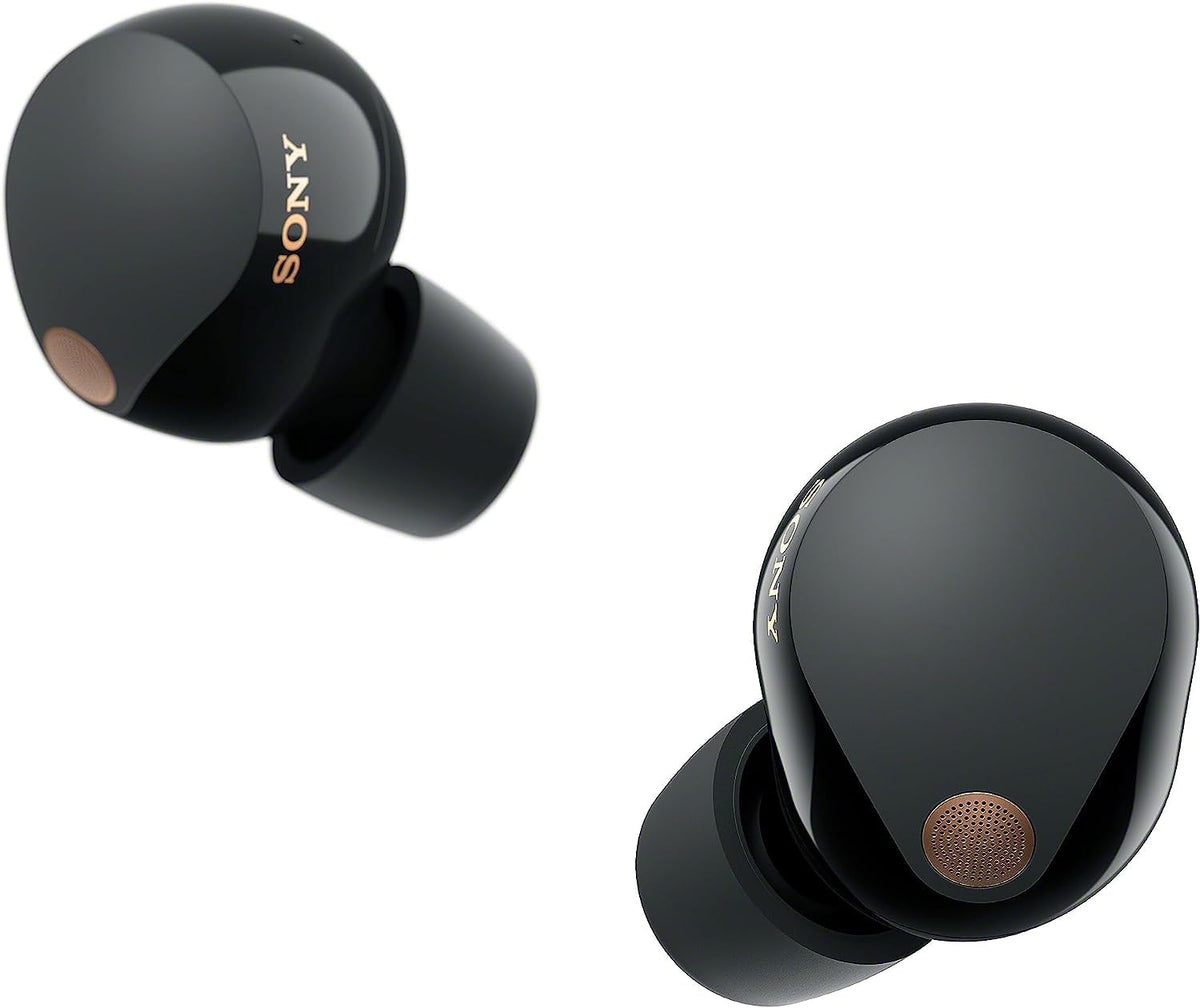 Sony WF-1000XM5 true wireless earbuds front view showing compact design for travel