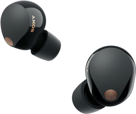 Sony WF-1000XM5 true wireless earbuds front view showing compact design for travel