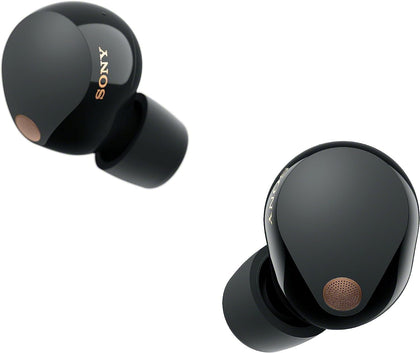Sony WF-1000XM5 true wireless earbuds front view showing compact design for travel