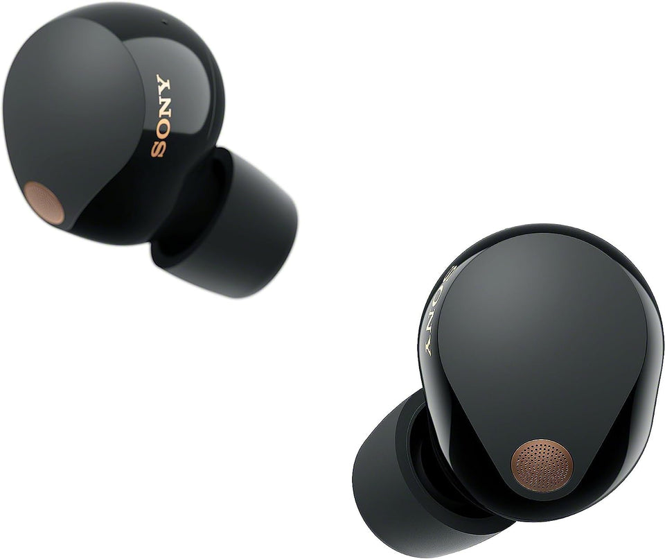 Sony WF-1000XM5 true wireless earbuds front view showing compact design for travel