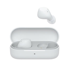 Sony WF-C510 charging case next to keys to show small size and travel readiness