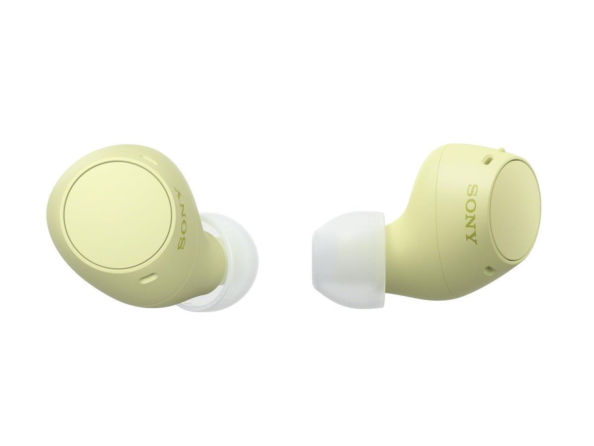 Sony WF-C510 front view showing butter yellow earbuds for stylish portable listening
