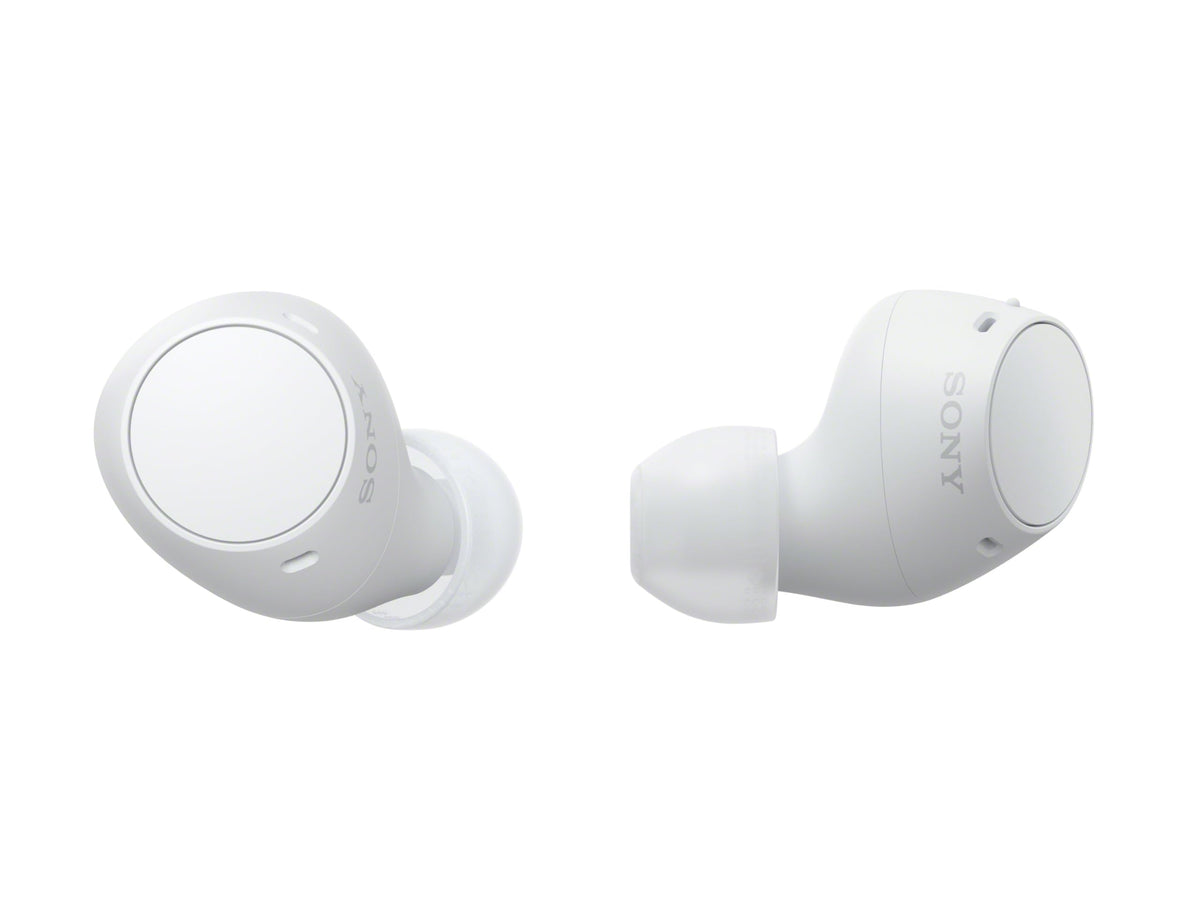 Sony WF-C510 front view showing sleek white earbuds and visible controls, clear convenience