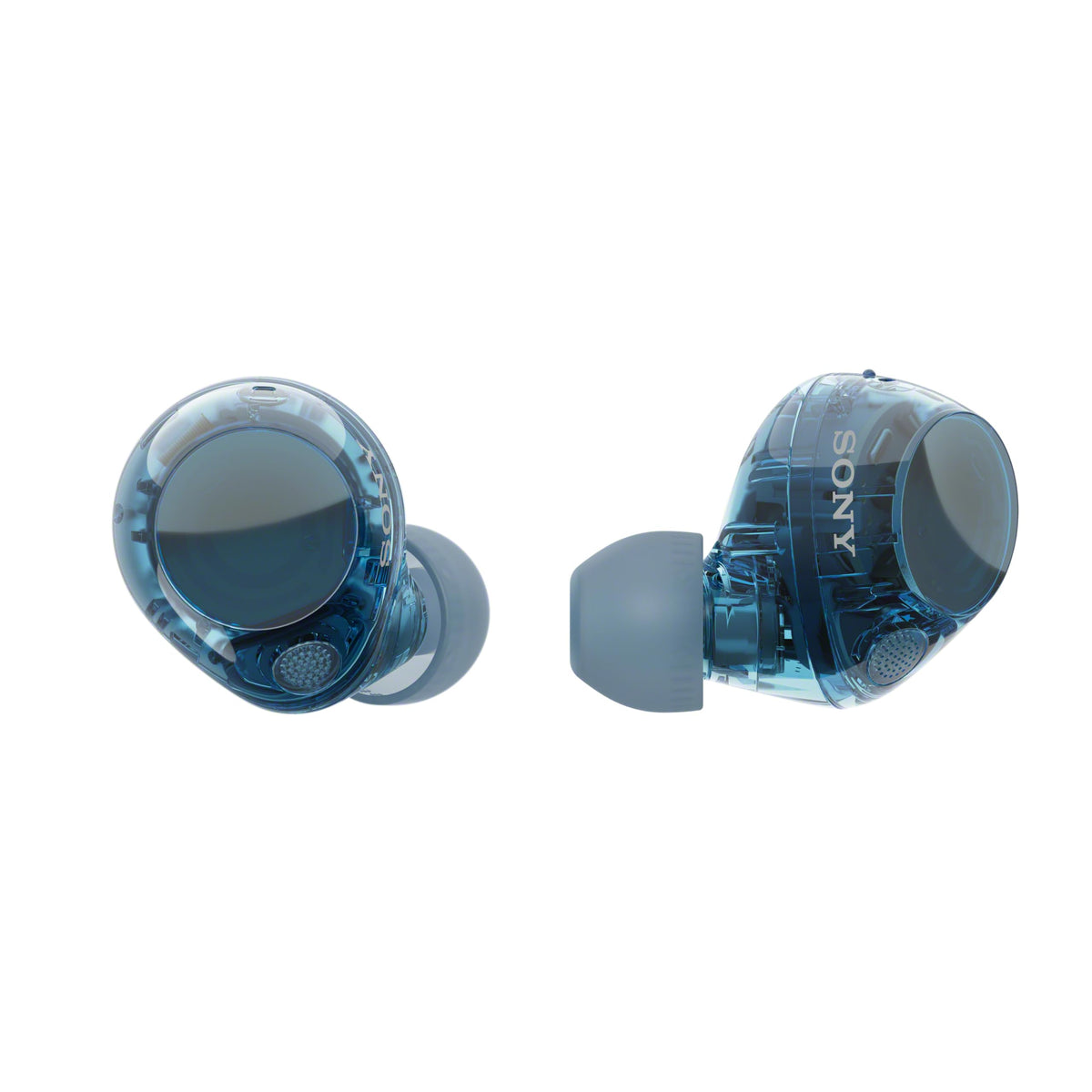 Sony WF-C710N Glass Blue earbuds close-up, comfortable design for daily listening.