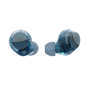 Sony WF-C710N Glass Blue earbuds close-up, comfortable design for daily listening.