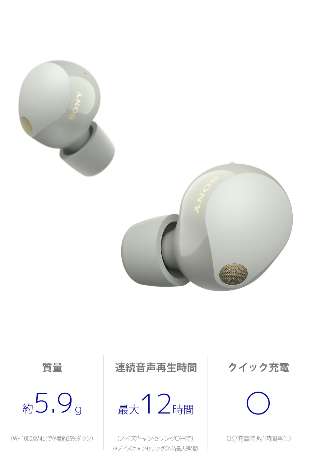 Sony WF-1000XM5 noise isolation earbud tips provide a secure seal.