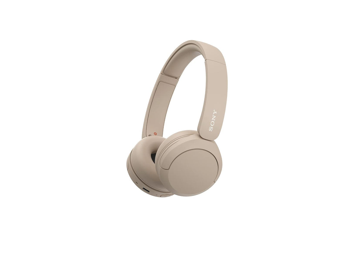 Sony WH-CH520 beige packaging highlights plastic-free packaging for eco-conscious shoppers.
