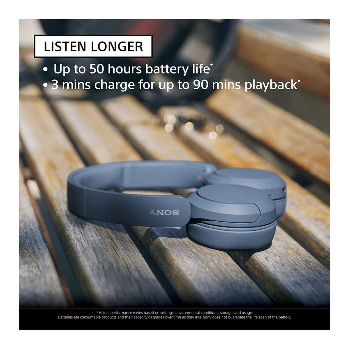 Sony WH‑CH520 earcup controls closeup for hands‑free calls and playback