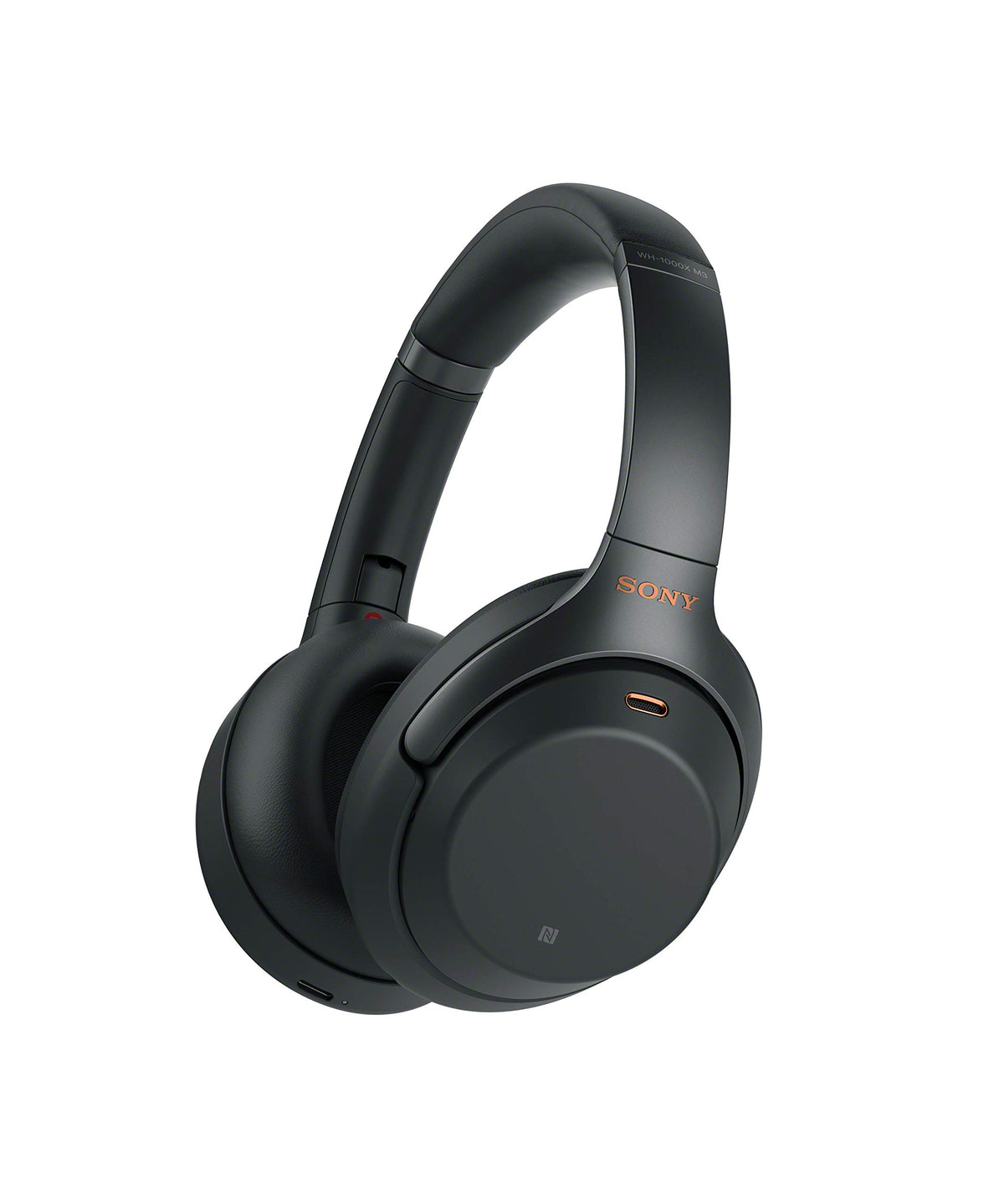Sony WH1000XM3 black front view highlighting sleek over-ear design for immersive listening.
