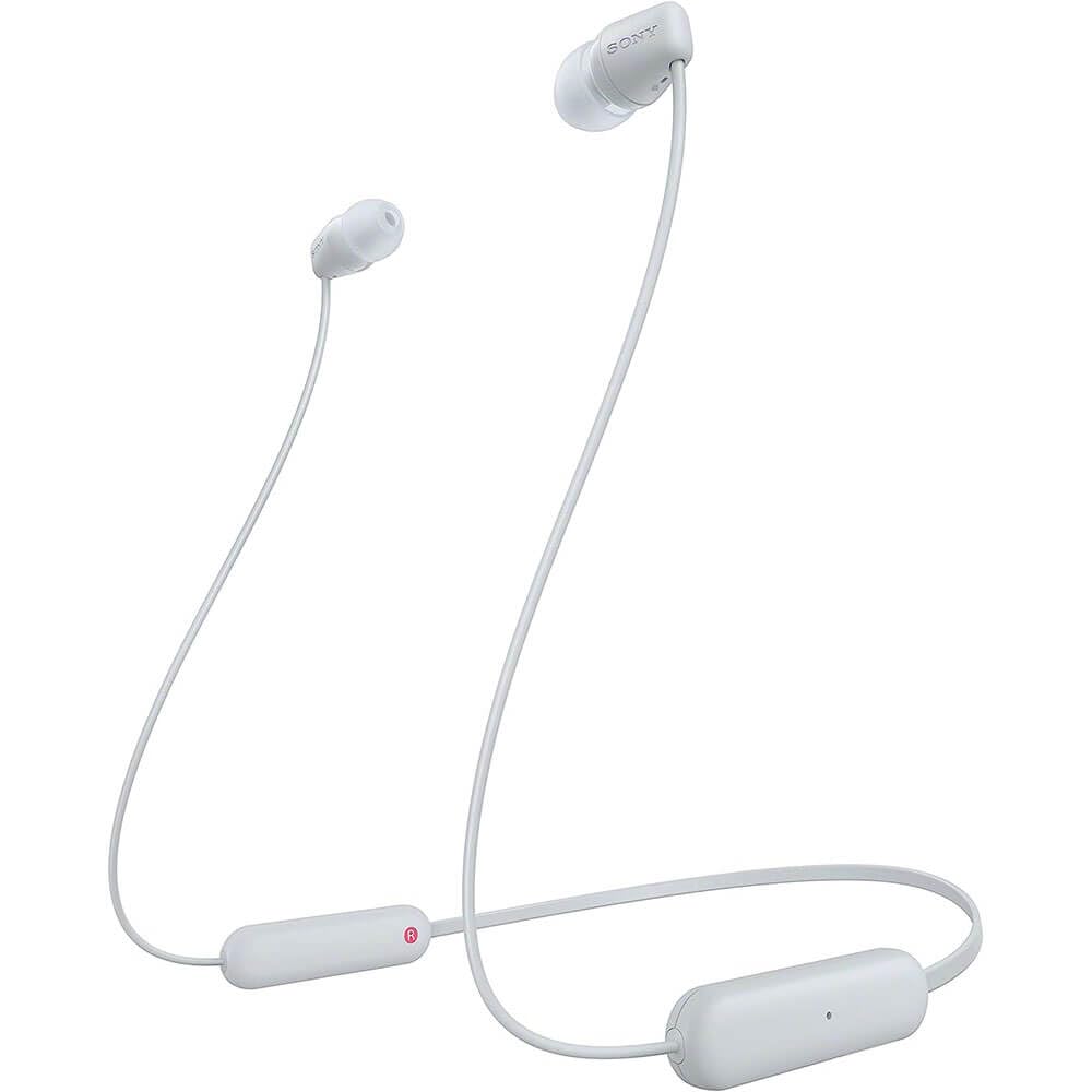 Sony WI-C100 front view showing white neckband and earbuds, clear everyday use