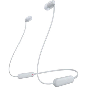 Sony WI-C100 front view showing white neckband and earbuds, clear everyday use