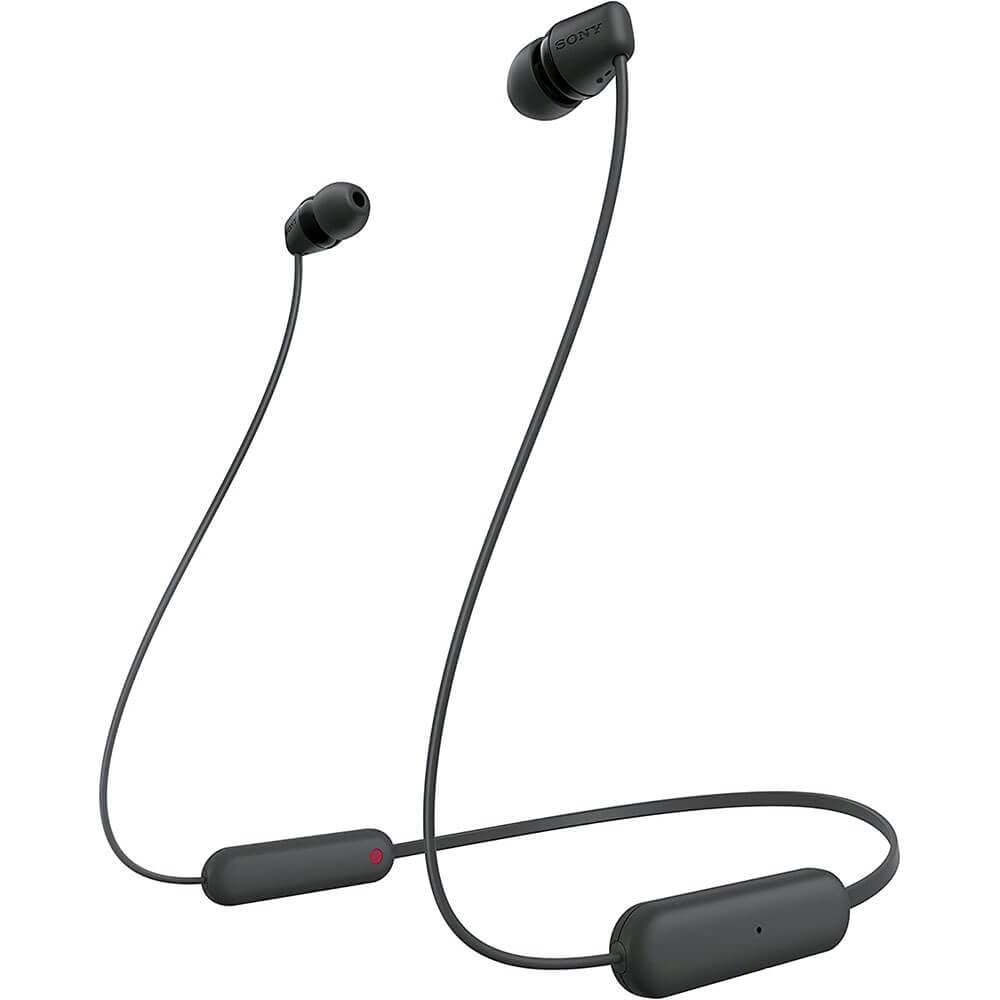 Sony WI-C100 front view showing earbuds and neckband benefit comfortable wear