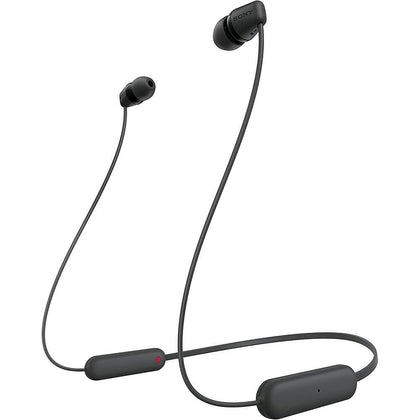 Sony WI-C100 front view showing earbuds and neckband benefit comfortable wear