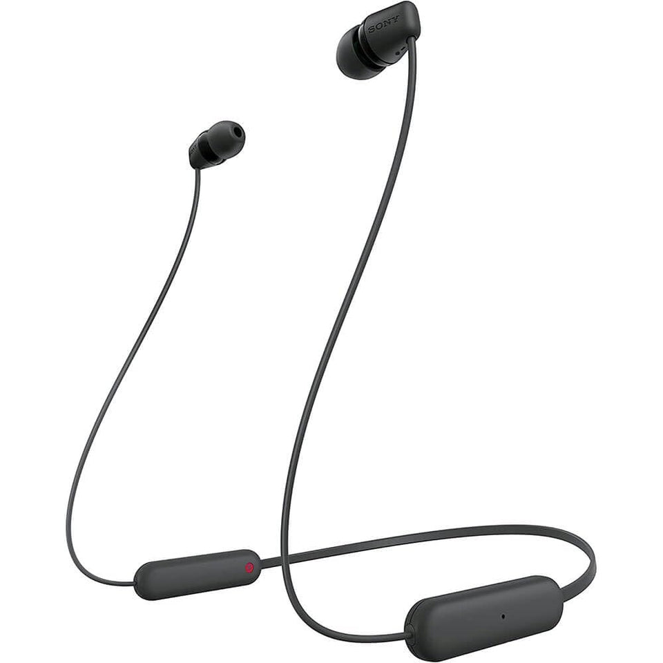 Sony WI-C100 front view showing earbuds and neckband benefit comfortable wear