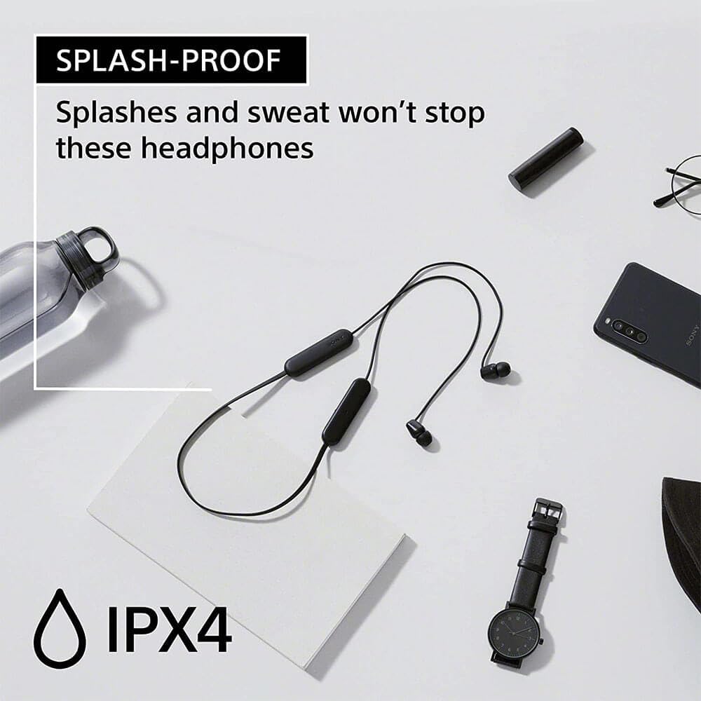 Sony WI-C100 in-ear fit worn by model, demonstrating secure comfort during activity