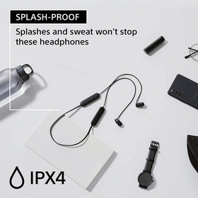 Sony WI-C100 in-ear fit worn by model, demonstrating secure comfort during activity