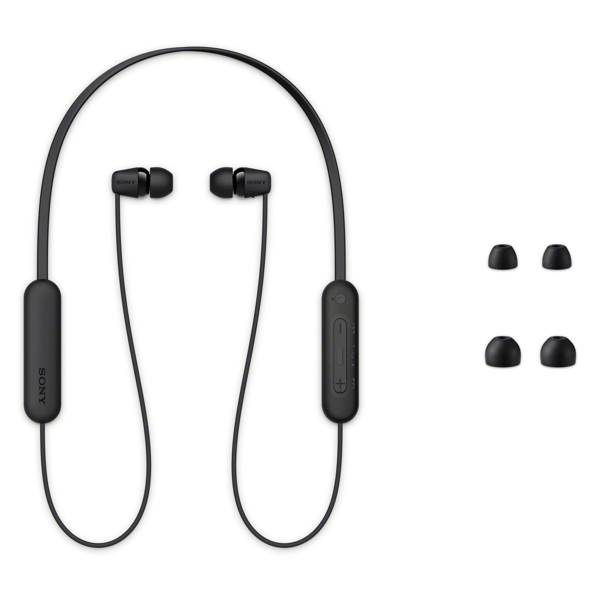 Sony WI-C100 worn by runner outdoors showing splash resistance and secure fit