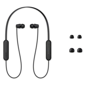 Sony WI-C100 worn by runner outdoors showing splash resistance and secure fit