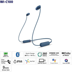 Sony WI-C100 held in hand for size comparison, showing compact portable design
