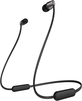 Sony WI-C310 front view in black showing compact earbuds and neckband, clear portable audio