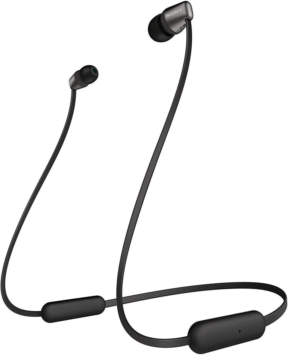 Sony WI-C310 front view in black showing compact earbuds and neckband, clear portable audio