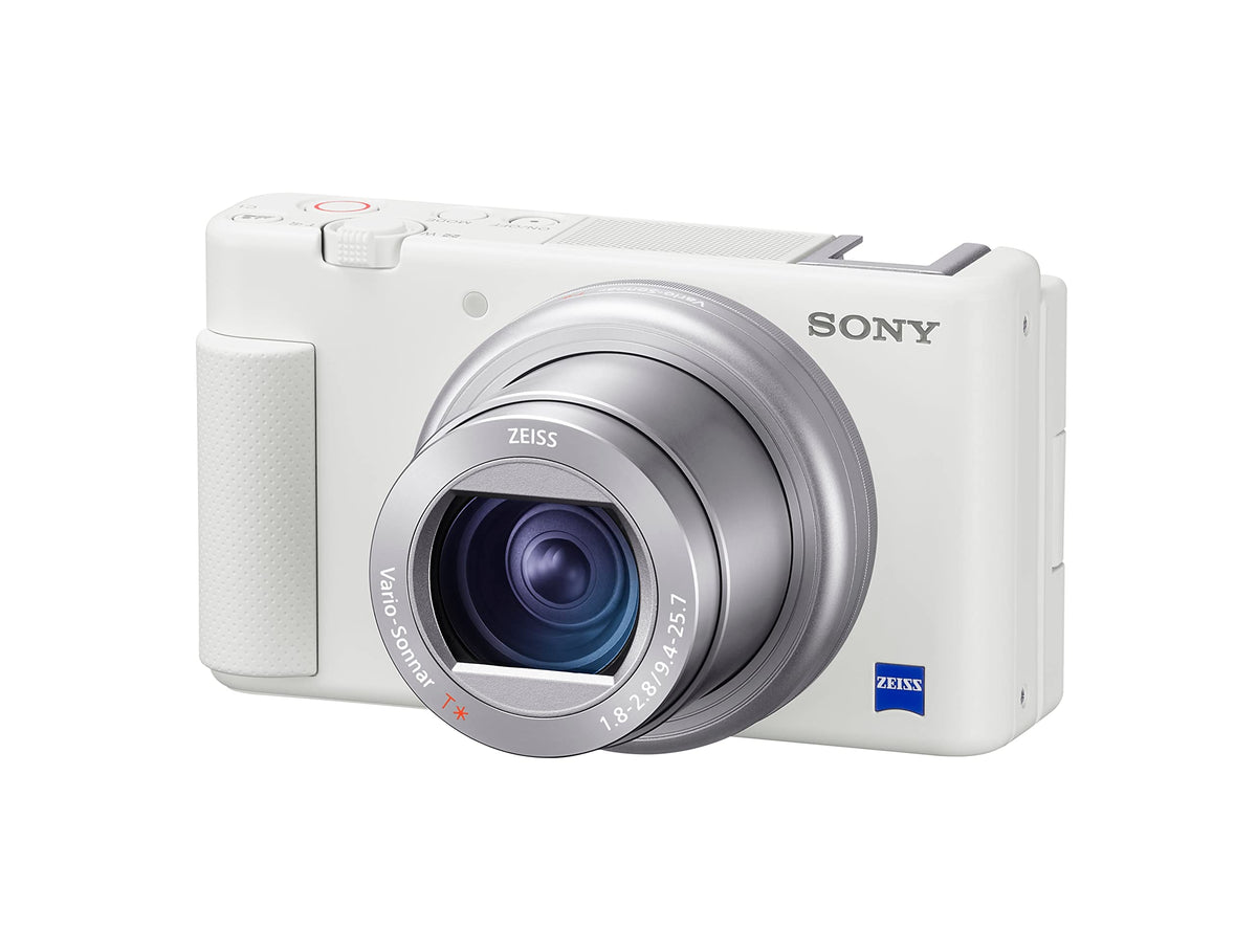 Sony ZV-1 camera front view showing compact design for on-the-go vlogging.