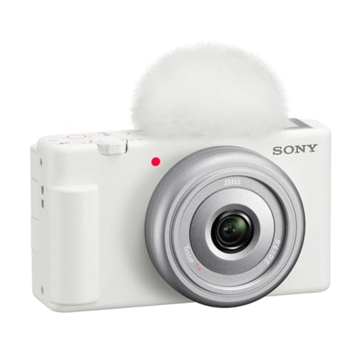 Sony ZV-1F front view; compact, vlog-ready design for on-the-go filming.
