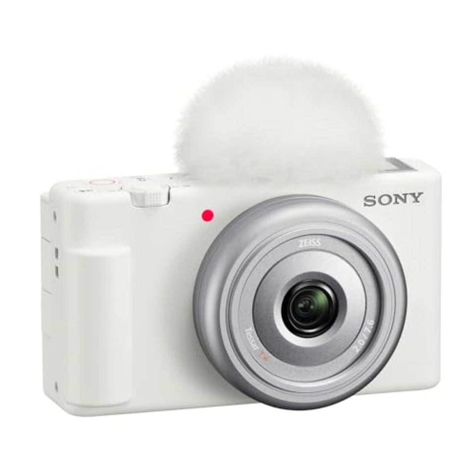 Sony ZV-1F front view; compact, vlog-ready design for on-the-go filming.