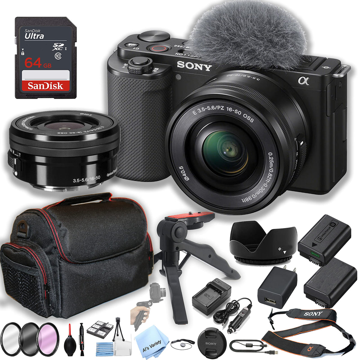 Sony ZV-E10 with 16-50mm lens for versatile vlogging setup.