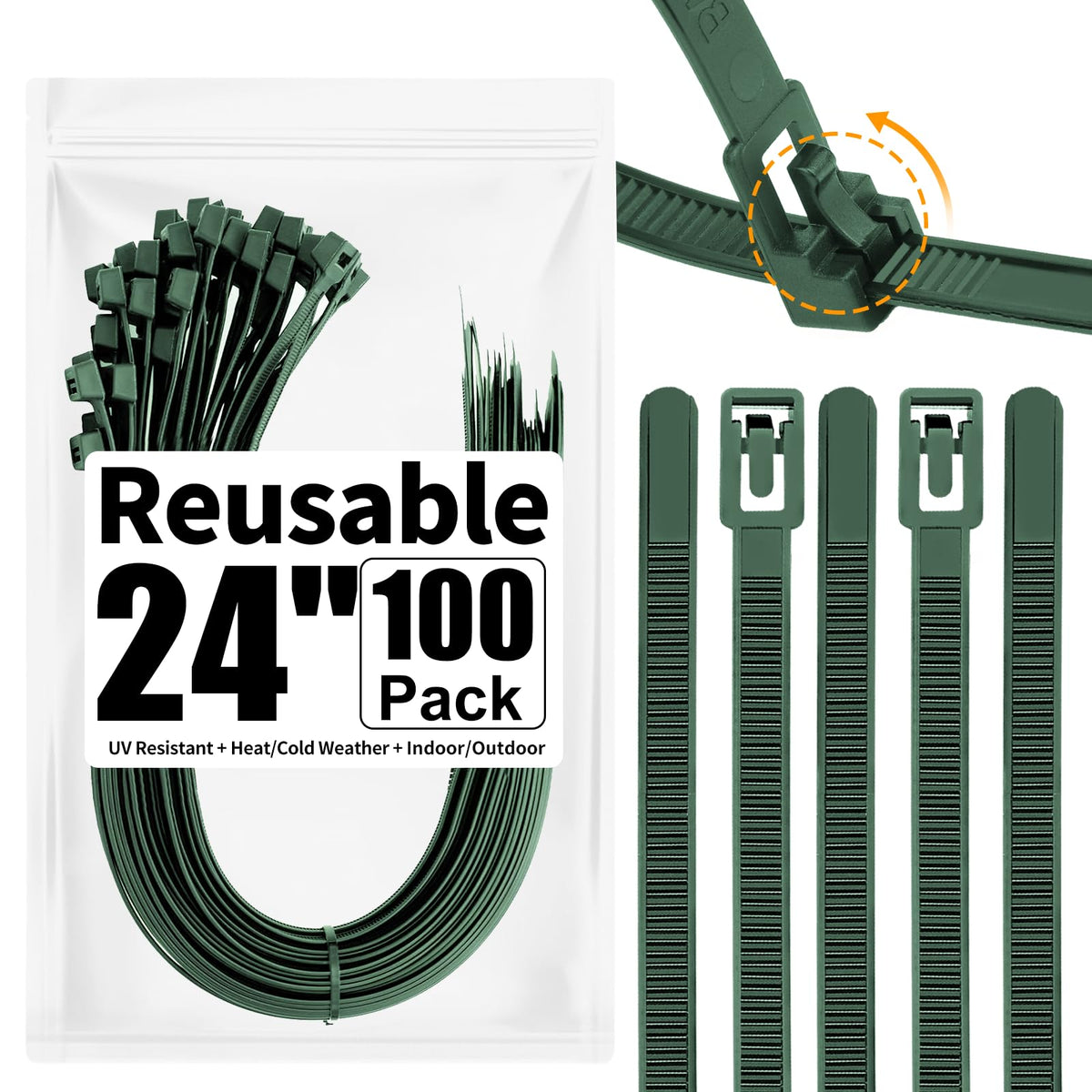SOOoEC front packaging showing 100 dark green 24-inch ties and count benefit