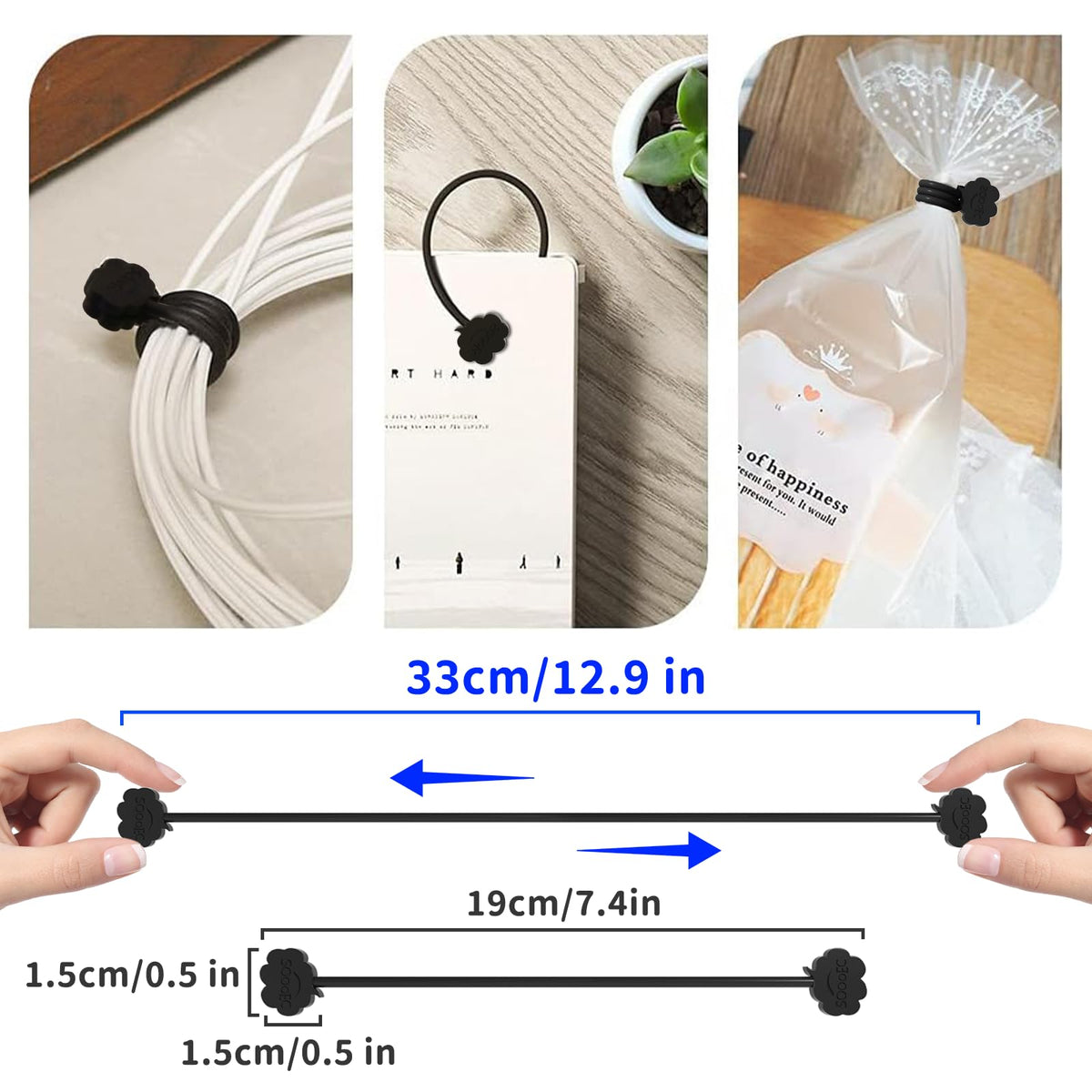Ties neatly hold multiple cables on a desk setup