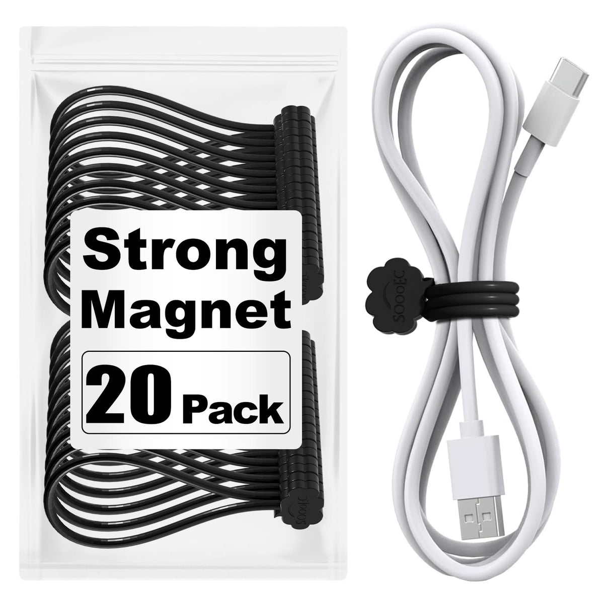 SOOOEC black magnetic cable ties with cloud design securing cables neatly
