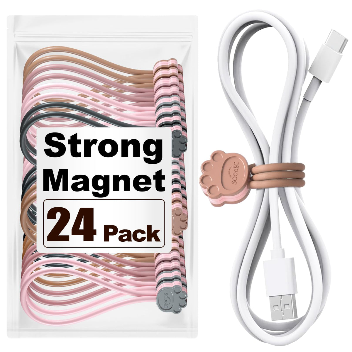 SOOOEC Cat Paw magnetic cable ties with dual colors for chic cable management at home
