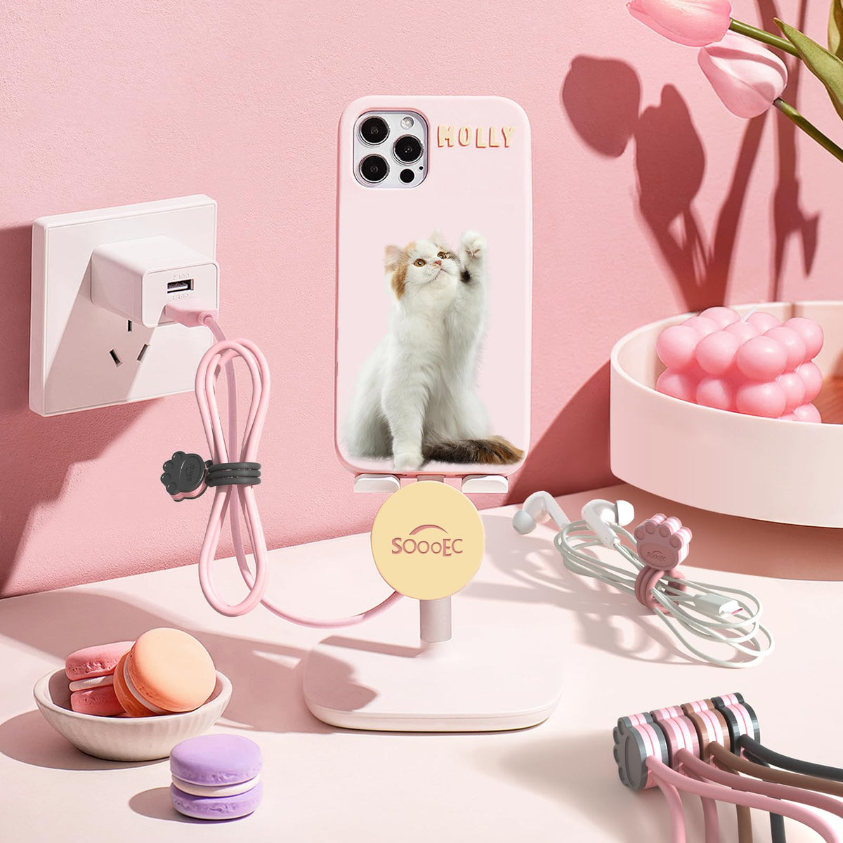 SOOOEC Cat Paw ties showing strong magnets keeping cords neatly organized on a desk