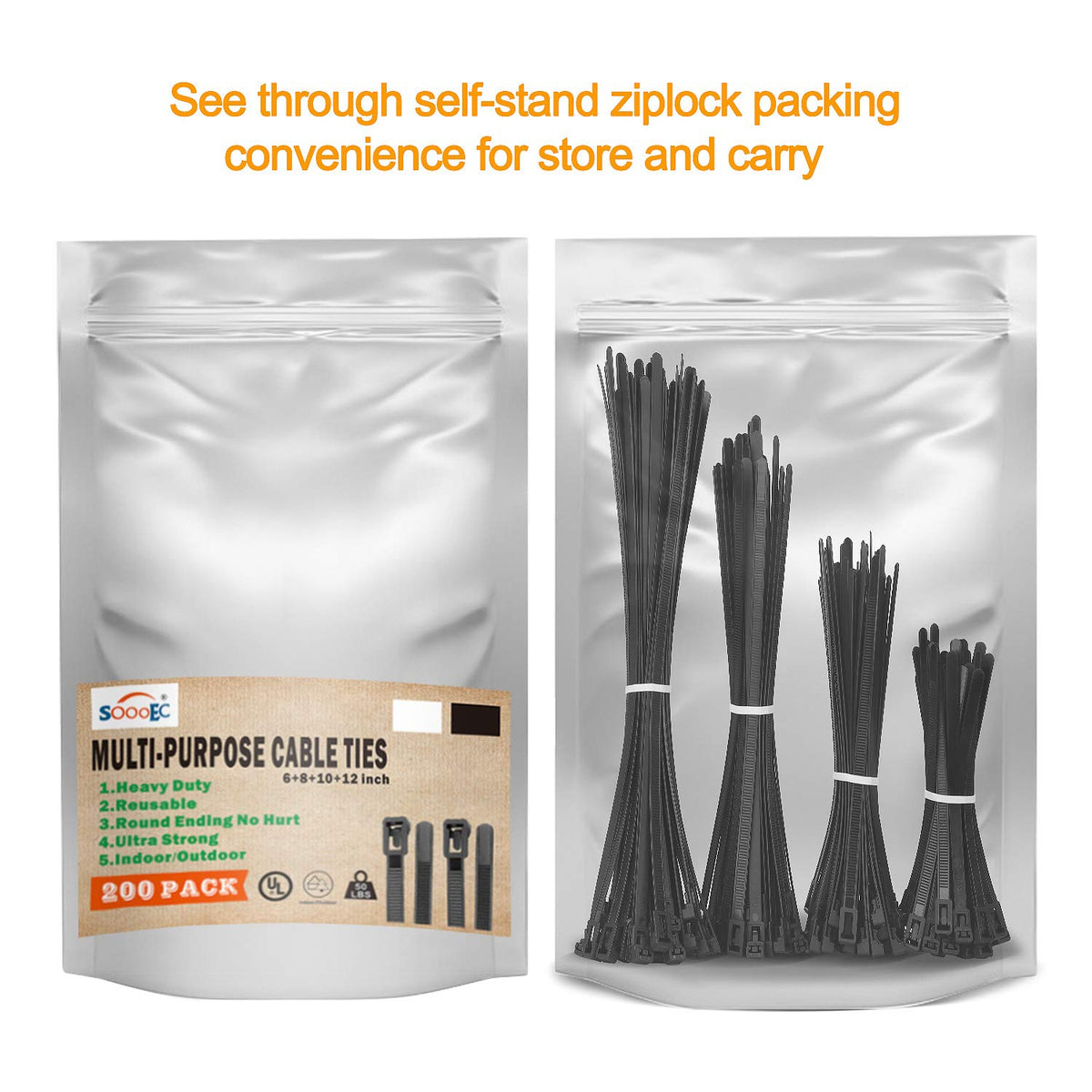 SOOoEC indoor-outdoor use zip ties resist weather, offering flexible application across spaces