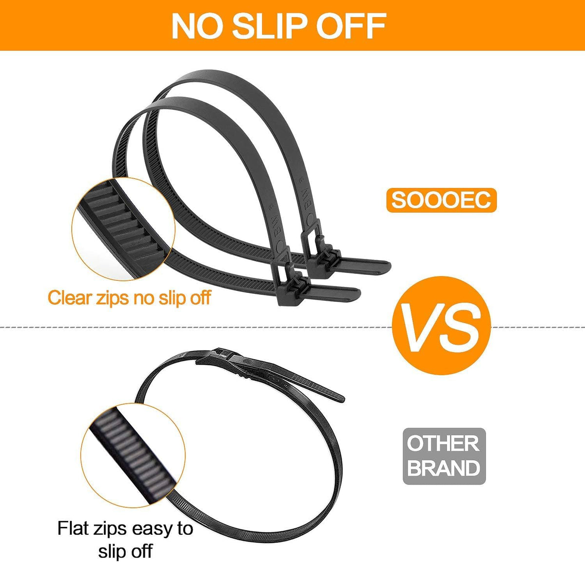 SOOoEC non-slip zip tie design keeps cables firmly secured during heavy tasks.