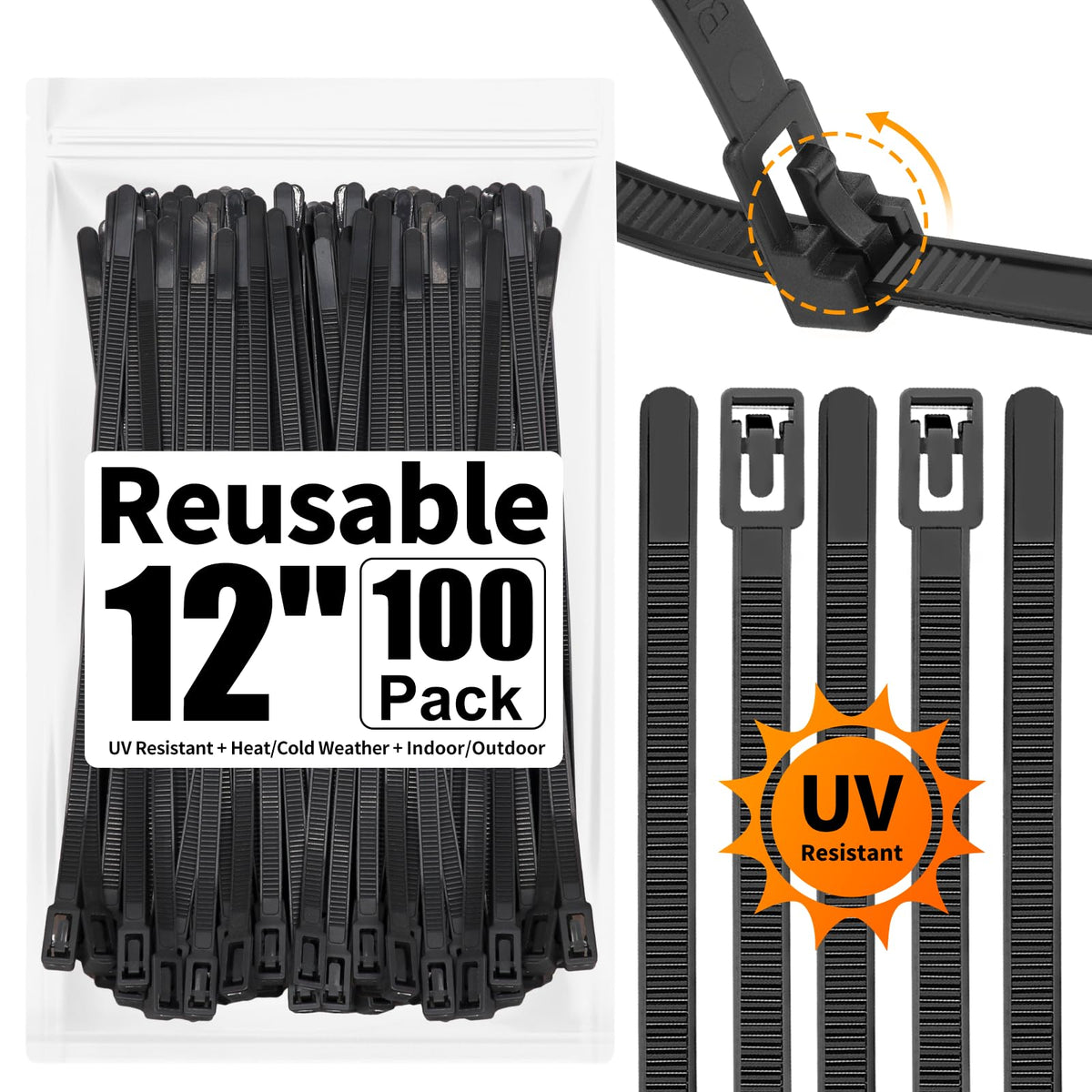 SOOOEC reusable zip ties 100-pack shown in outdoor use for versatile organization