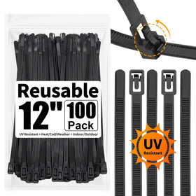 SOOOEC reusable zip ties 100-pack shown in outdoor use for versatile organization